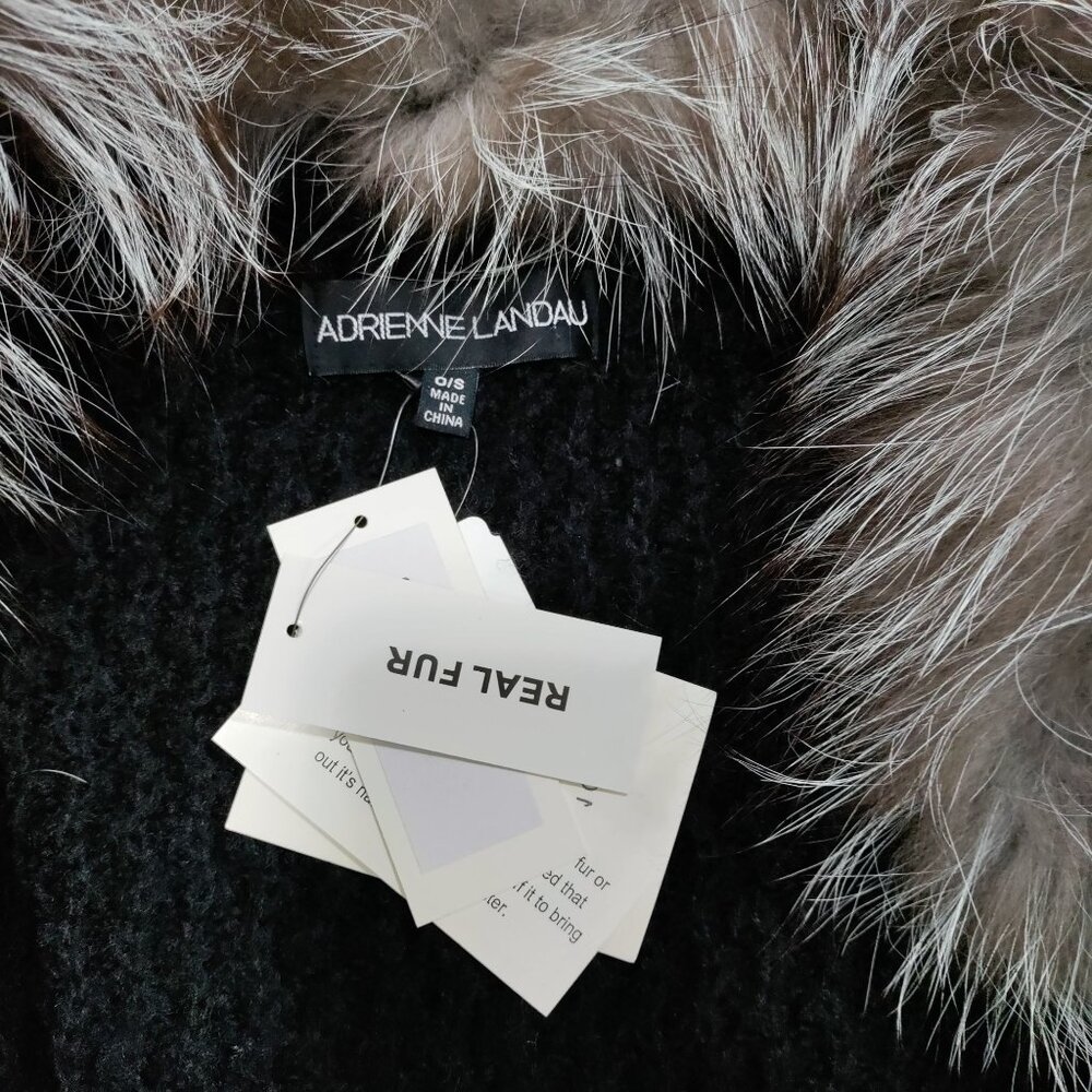 NWT Adrienne Landau Black Real Fox Fur Collar Zipper Closure Knit Poncho OS - Picture 10 of 16